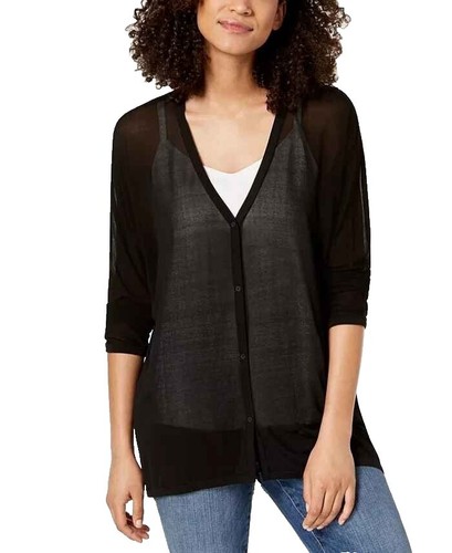 Eileen Fisher Black 100% Linen V-Neck Open Knit Cardigan Sweater