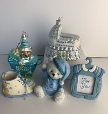 Lot Of 5 Baby Boy  s First Christmas Glass Resin Holiday Ornaments Frame Stroller