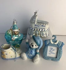 Lot Of 5 Baby Boy’s First Christmas Glass Resin Holiday Ornaments Frame Stroller