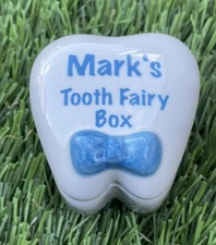   Vtg Papel MARK'S TOOTH FAIRY BOX Blue White Porcelain Tooth Shaped Trinket Box