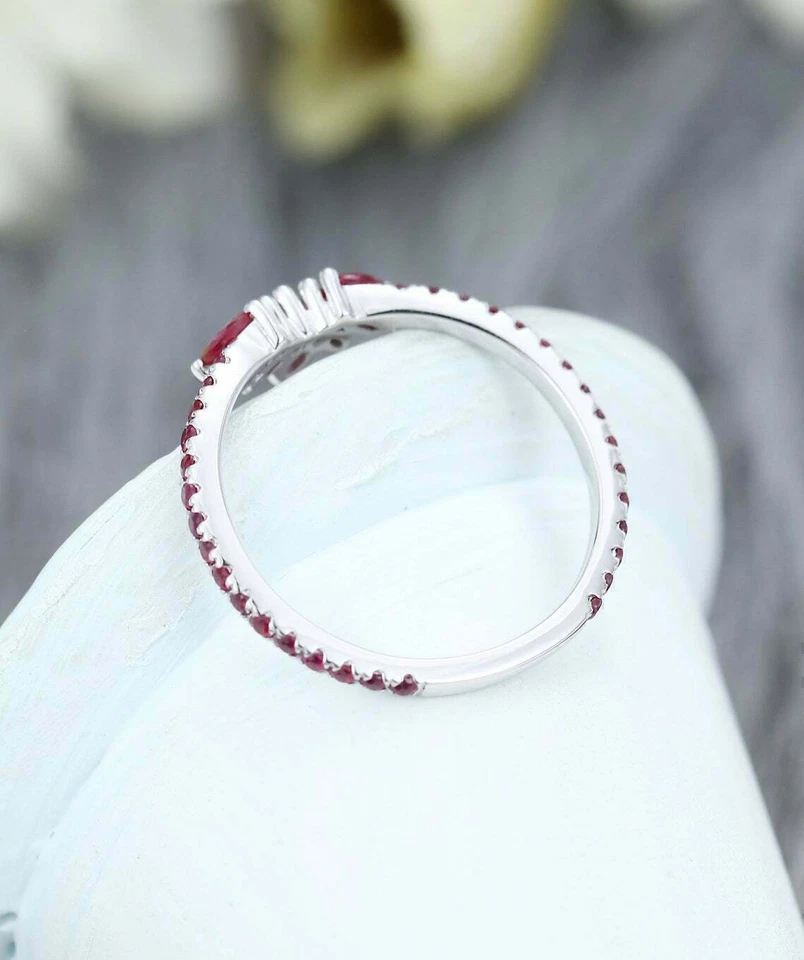 2Ct Marquise Cut Red Ruby Women's Engagement Band Ring 14K White Gold Finish - Image 2 of 4