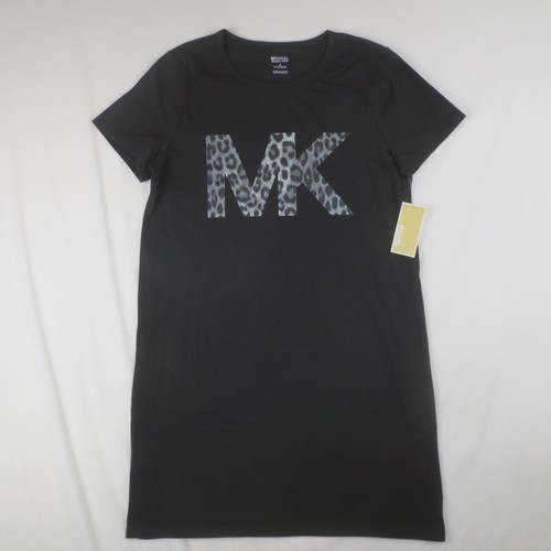 NWT Michael Kors MK T Shirt Dress Womens M Black Grey Leopard Print Logo Casual