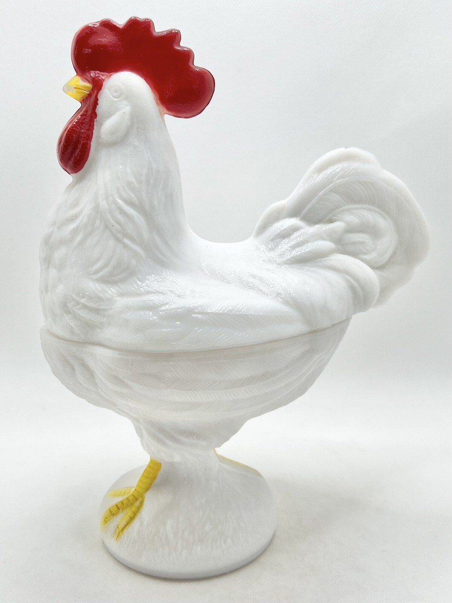 Vintage WESTMORELAND Milk Glass Standing Rooster Covered Dish - 9