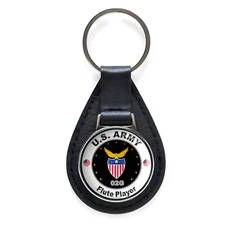 United States Army Flute Player Black Leather Keychain Silver Keyring Military