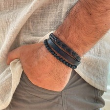 Men's Protection Leather Bracelet Natural Black Onyx Stone Bracelet Bangle