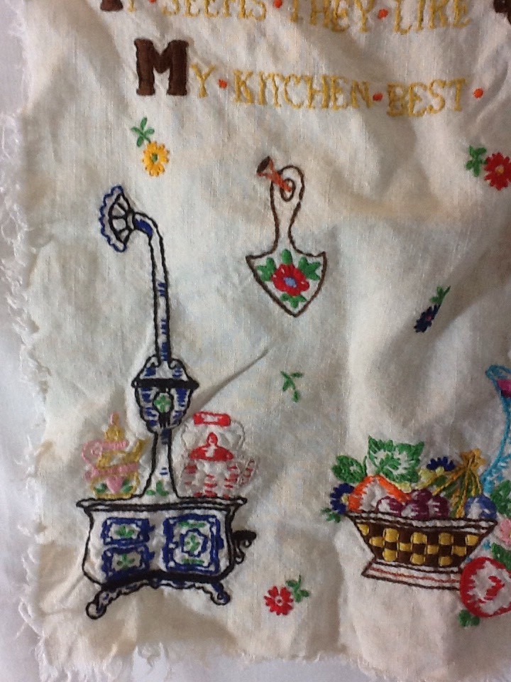 Vintage EMBROIDERED LINEN Kitchen Picture W/O Frame, "I Serve My Guests