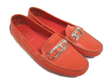 Prada Silver Buckle Detail Loafer Driving Moc Orange Leather Slip On Italy 38.5
