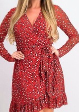 Sanctuary NWT Wrap Dress Size Large Red Animal Print Ruffle Long Sleeve