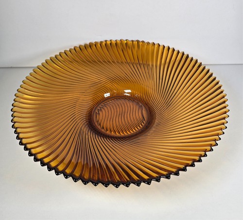 Vintage Amber Glass Bowl 11.5” France | Ribbed Optic Swirl | Mid Century Modern - Picture 2 of 7