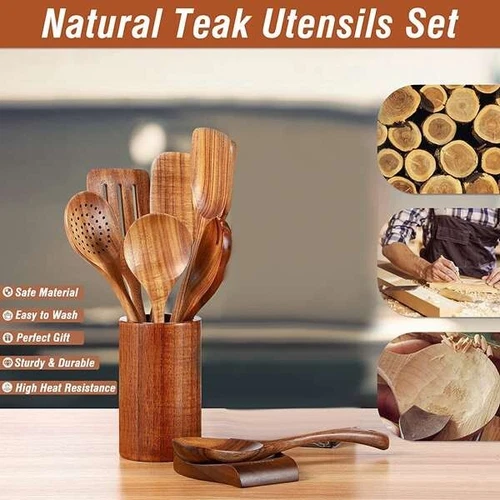9PCS Wooden Utensils Set For Kitchen Handmade Natural Teak Wooden Cooking Spoons - Picture 3 of 12