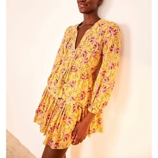 FARM Rio Banana Sunshine Dress Womens Small Yellow Pink Long Sleeve Tie Neck