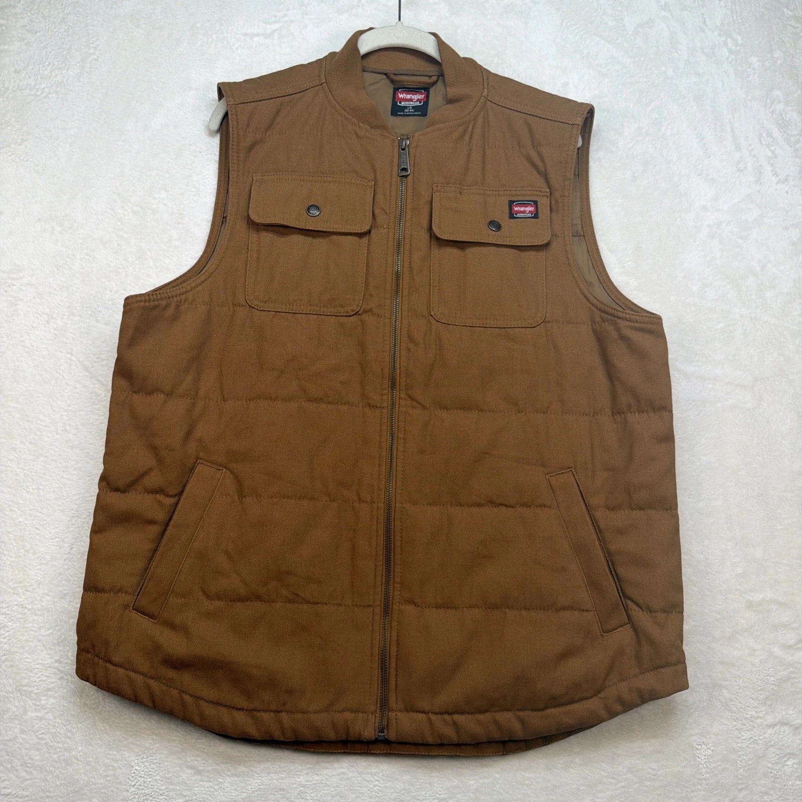 Wrangler Workwear Vest Mens Large Brown Quilted Canvas Zip Utility Outdoor