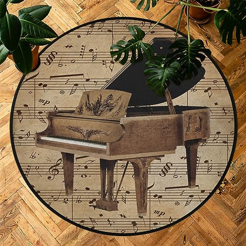 Vintage Music Note Round Area Rug Bedroom 3 Ft, Piano Music Circle Floor Mat - Picture 8 of 8