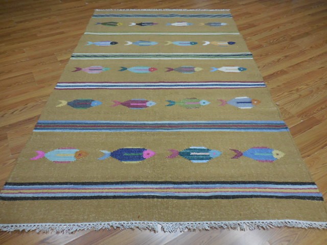 Turkish Oushak(Tree Of life) Fish Design Multicolored Handmade Bohemian Rug 5x8