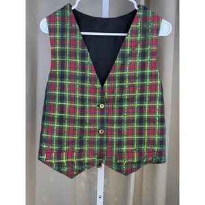 Vintage Plaid Button Front Vest Back Tie Gold Metallic Thread (Size M Estimate)