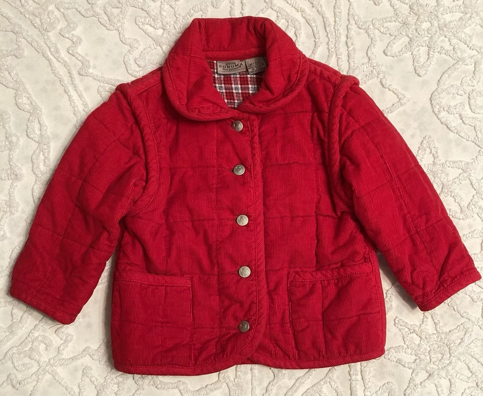 Abrigo de pana Sonoma para niñas pequeñas 3T rojo, franela a cuadros interior y botones en el corazón Foto 2 de 4