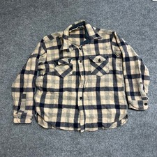Woolrich Flannel Mens Size XL Tan Navy Plaid Wool Blend Made in USA Shirt