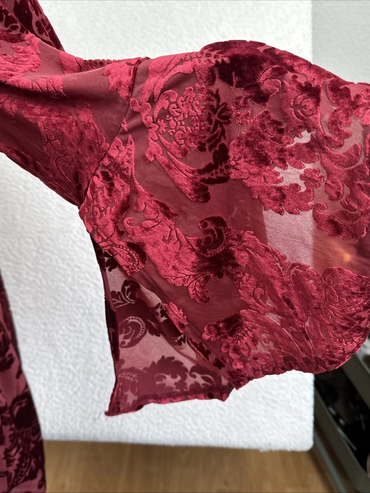Women's Dress Burgundy Velvet Burnout Bell Sleeve Whimsigoth Dark Romantic 1X - Image 2 of 4