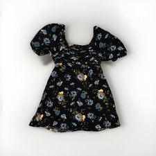 Maurices Dress Sz 0X Ruffles Short Black Dress w/ Blue Flowers Puffy Sleeves