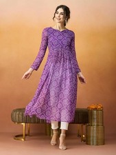 Indian Women Purple Printed Flared Kurta Kurti Dress Top Tunic New