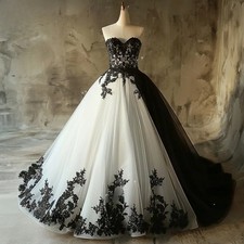 White Tulle Black Applique Sleeveless Strapless Wedding Dress Bridal Ball Gowns