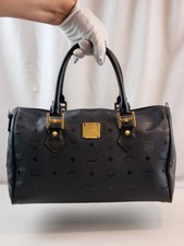Authentic MCM Visetos Boston Genuine Leather Logogram Tote Hand Bag Black Zip