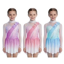 Girls Gradient Rhinestones Figure Gymnastics Dress Stage Performance Long Dance