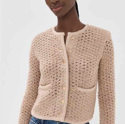 Staud Lisson Jacket Tan Camel Merino Wool Knit Cardigan Sweater Large Gold Snap
