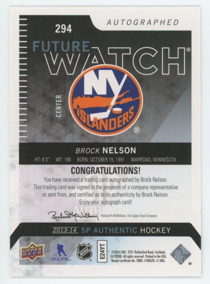 2013-14 SP AUTHENTIC Brock Nelson FUTURE WATCH RC ROOKIE AUTO /999 - Image 2 of 2