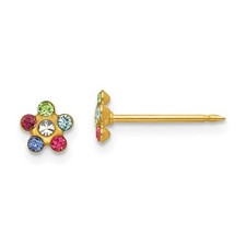 14k Yellow Gold Round Multicolor Flower Crystal Stud Earrings L 5mm, W 5mm