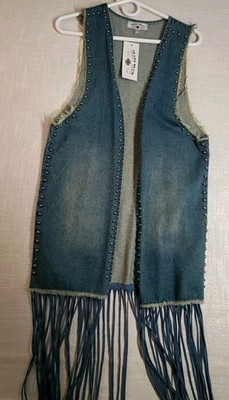 Crazy Train Blue Denim Studded Fringe Vest Womens Size 0-14 Western Rodeo NWT