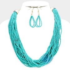 Multi Strand Turquoise Glass seed Bead Faceted Glass Bead Necklace earring set