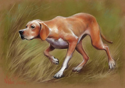 Porträt einer Hundejagd, Originalzeichnung, 30 x 40 cm, moderne Pastellarbeit