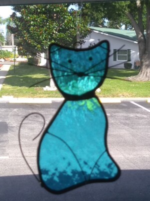 Stained glass handmade turquoise cat suncatcher new