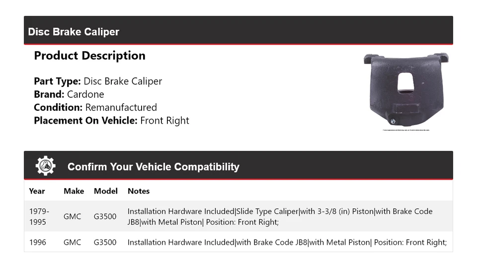Pinza de freno de disco delantera derecha Cardone 1980 1981 1982 para GMC G3500 1979-1996 Foto 2 de 4