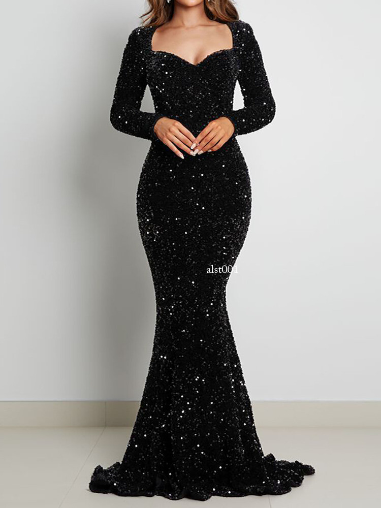 Women Black Long Sleeve Evening Party Gown Sequined Stretch Velvet V-Neck Dress | eBay Women Black Long Sleeve Evening Party Gown Sequined Stretch Velvet V-Neck Dress | eBay