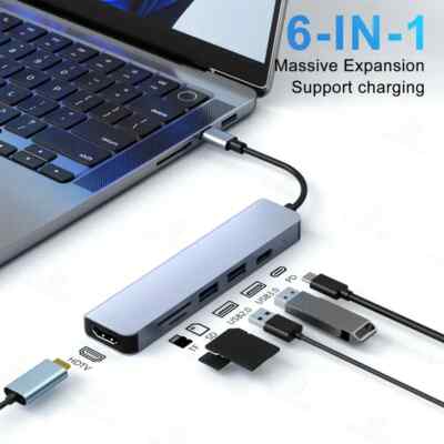 USB-C 6 In 1 Hub Type C To USB Multiport 4K HDMI Adapter For Macbook Pro & Air