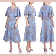 NEW JS Collections [ 4 ] Saige V Neck A Line Tea Length Dress Floral Blue #S1681