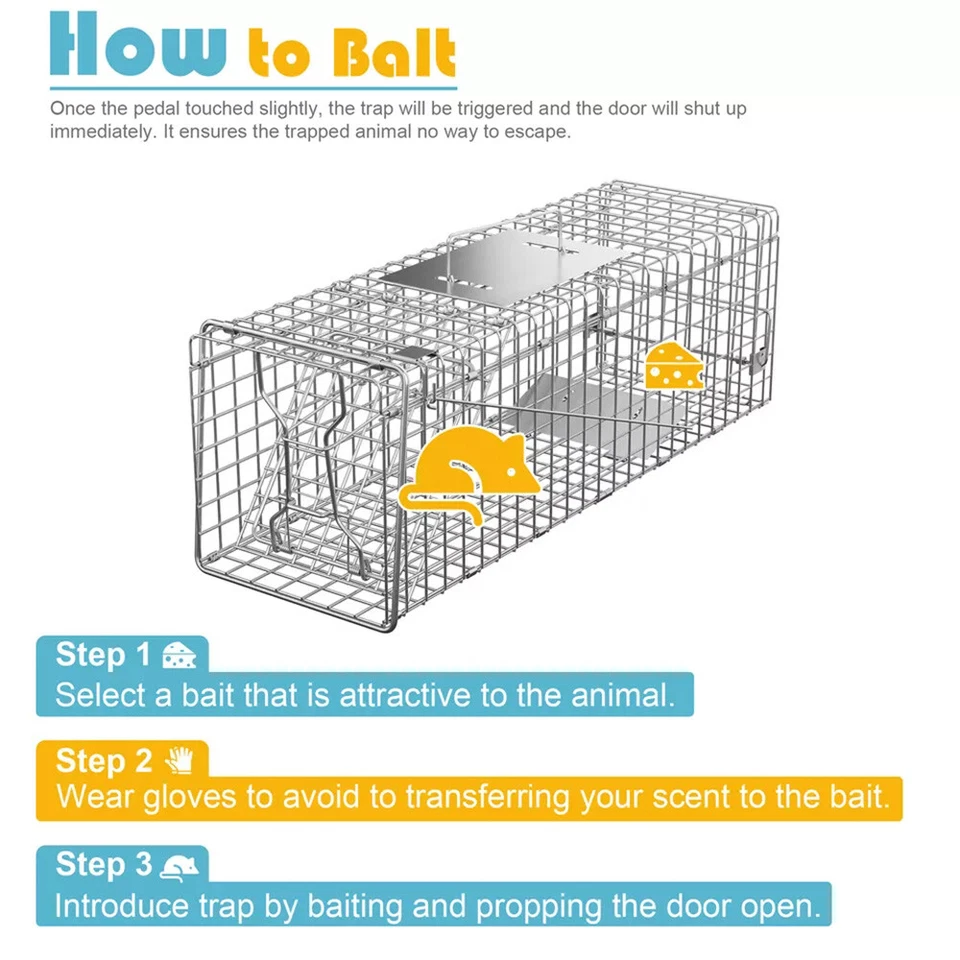 Trampa para animales vivos jaula extra grande para roedores jardín conejo mapache gato 24"X8"X 7,5" Foto 3 de 4