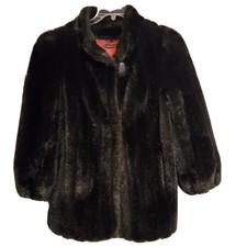 Vintage 80s Jordache Faux Fur Coat Medium Black Usa Made Knee Length Red Lined