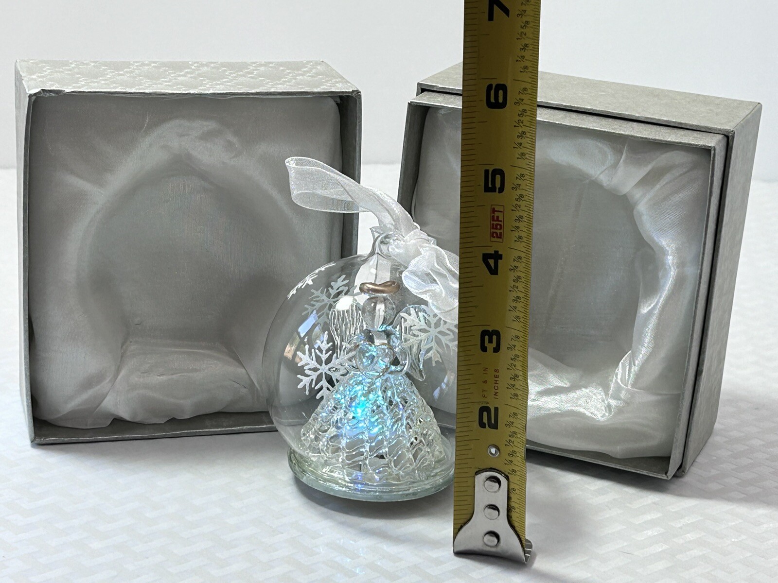 3.5” Glass Dome Light Up Christmas Angel W/ Heart Ornament Snowflake Etchings 