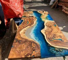 Ocean epoxy dining table top, live edge furniture for home decor