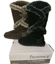 BEARPAW Boots SHEILAH Women's 14" shaft Black or Brown Fur & metal detail 