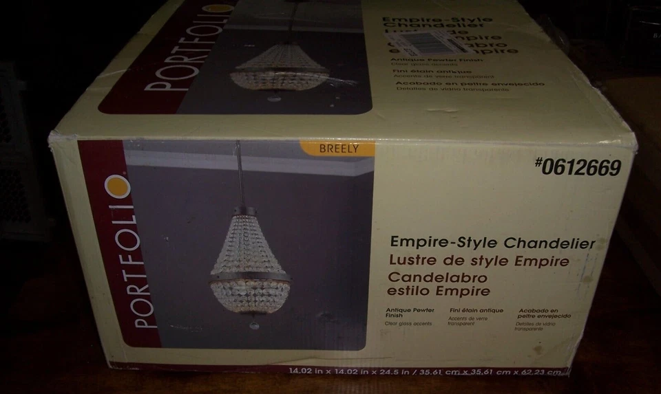 PORTFOLIO BREELEY 3 轻古董白镴帝国风格 Chandelier 全新损坏盒 — 第 4/4 张图片