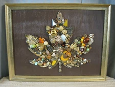 Recycled Upcycled Vintage Jewelry Art Gold Framed Leaf Design One-of-a-Kind!