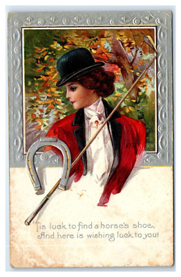 1911 Postcard- Woman Equestrian Rider - Lucky Horseshoe Good Luck | eBay