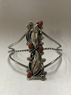 Sterling Silver Red Coral Leaf Bracelet Signed Marie Dale 20.4g