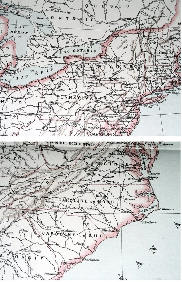 MAPA ANTIGUO ORIGINAL 1887 DEL ESTE DE ESTADOS UNIDOS NUEVA YORK VIRGINIA CAROLINA FLORIDA Foto 2 de 3