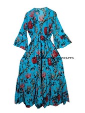 Indian Cotton Floral Print Blouson Beach Cover Turquoise Summer Party Wear Dress