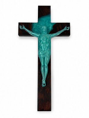 Handcrafted Teal Resin Crucifix Cross 12'' Walnut Burl Wood Christian Wall Decor